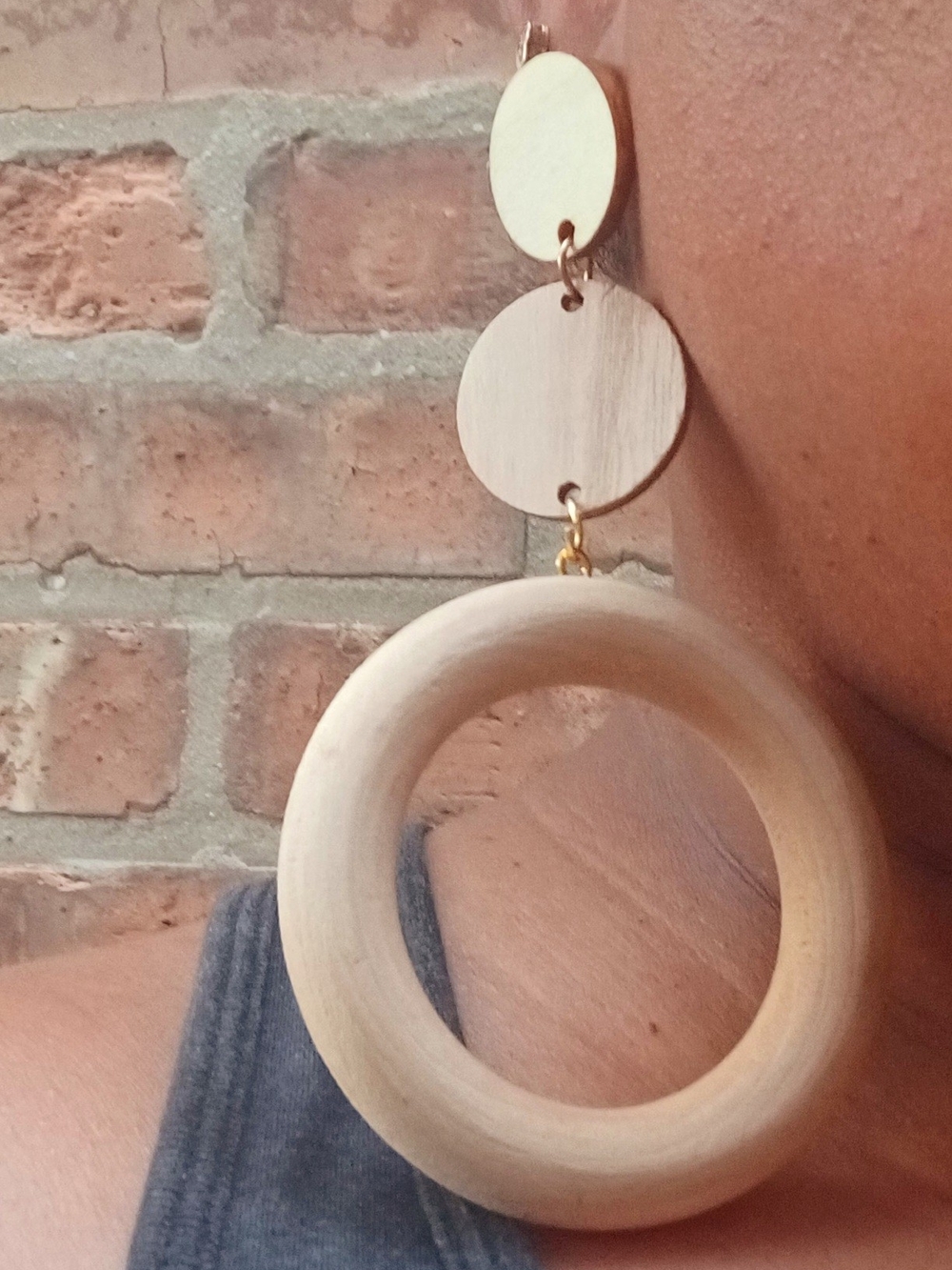 Wooden Hoop Drop Earrings - Natural Wood Color